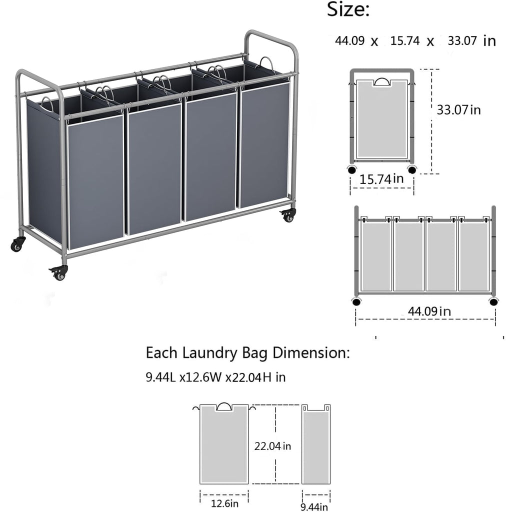 4 Section Laundry Hamper, Grey Laundry Basket, 180L Laundry Sorter