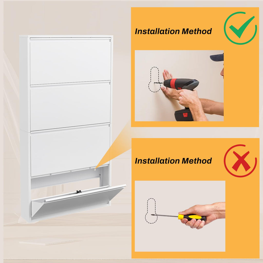 Shoe Cabinet with 4 Flip Drawers, Metal Wall Shoe Storage Cabinet, Slim Shoe Cabinet, White