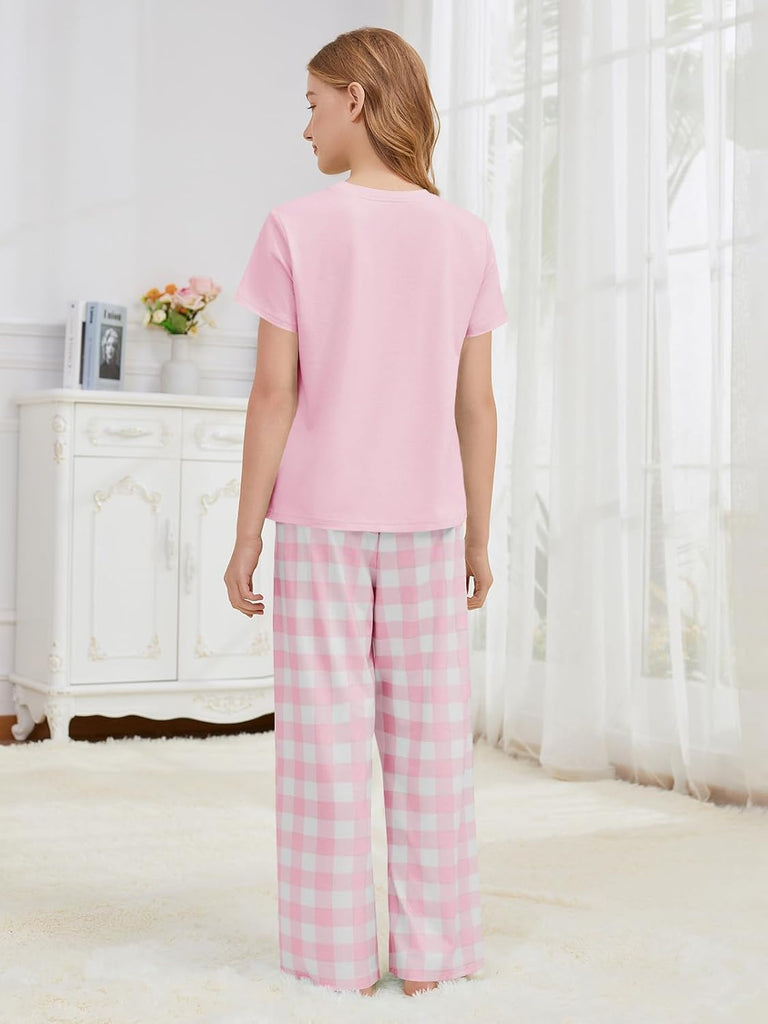 Girls Pajama Sets Kids Short Sleeve Tops and Plaid Long Pants PJS Sleepwear Soft Lounge Set