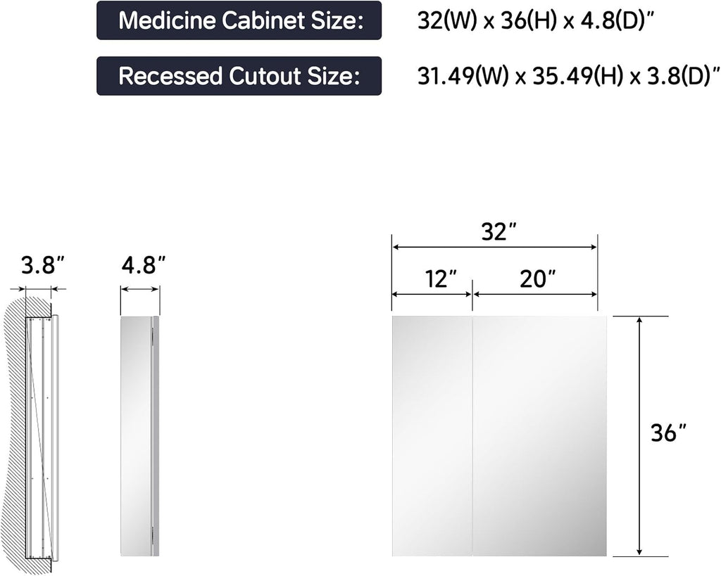 32" x 36" Medicine Cabinet with Mirror, Bathroom Mirror Cabinet | Anodized Chrome Aluminum Frame, Adjustable Shelves