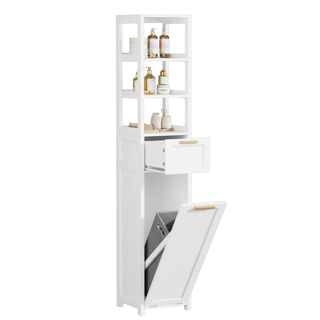 66'' Tall Tilt Out Laundry Hamper Cabinet, Hidden Laundry Hamper with Removable Storage Basket, Open Shelf and
