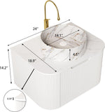 24-Inch Floating Bathroom Vanity with Sink, Solid Wood Fluted Cabinet, Marble-Pattern Ceramic Basin, Faux Marble Top, Soft-Close Drawer, White
