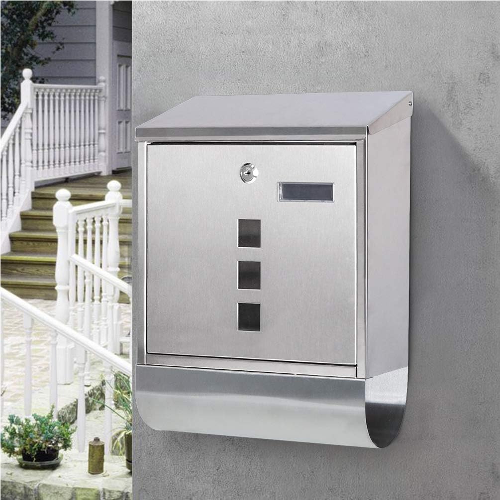 Locking Wall Mount Mailbox, Stainless Steel Mailboxes with Secure Key Lock and Newspaper Compartment, HPB2203 Silver