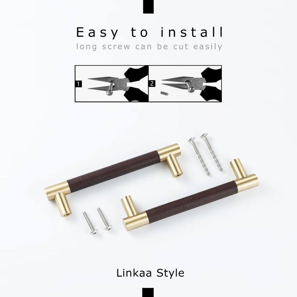 Brown Leather and Brass Gold Drawer Pulls Handles 5''CC,10 Pack