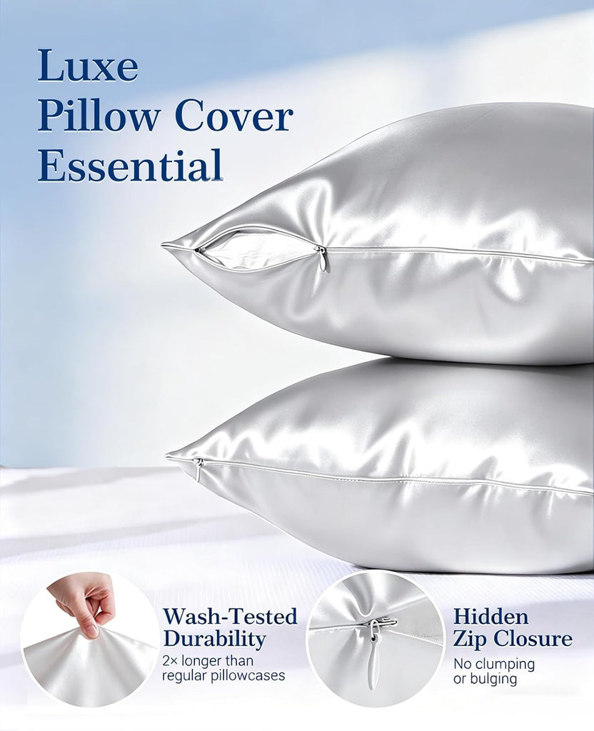 Cooling Satin Pillowcases for Hair & Skin with Zipper 20" x 36" and Cooling Blanket 90"x108" Gray Bundle