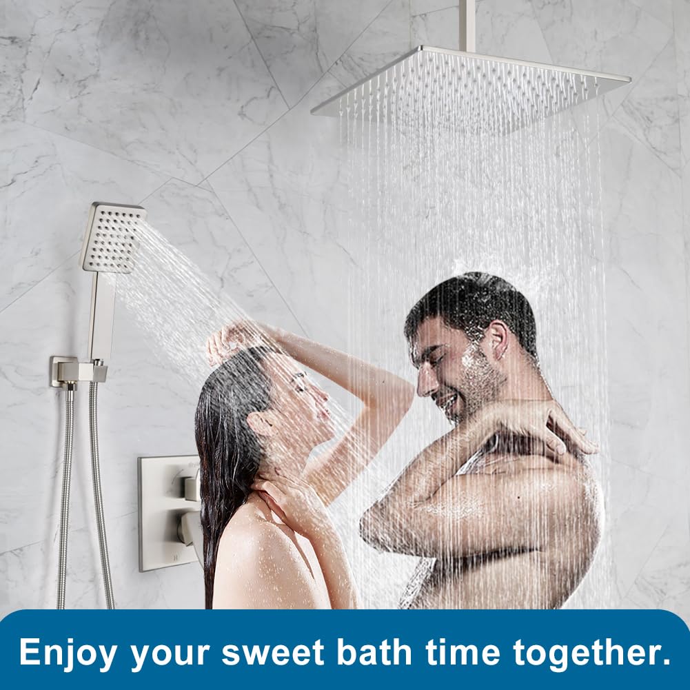 12 Inch Ceiling Mount Shower Faucet Set Brushed Nickel Ceiling Rainfall Shower Head and Handle Set Bathroom Rain