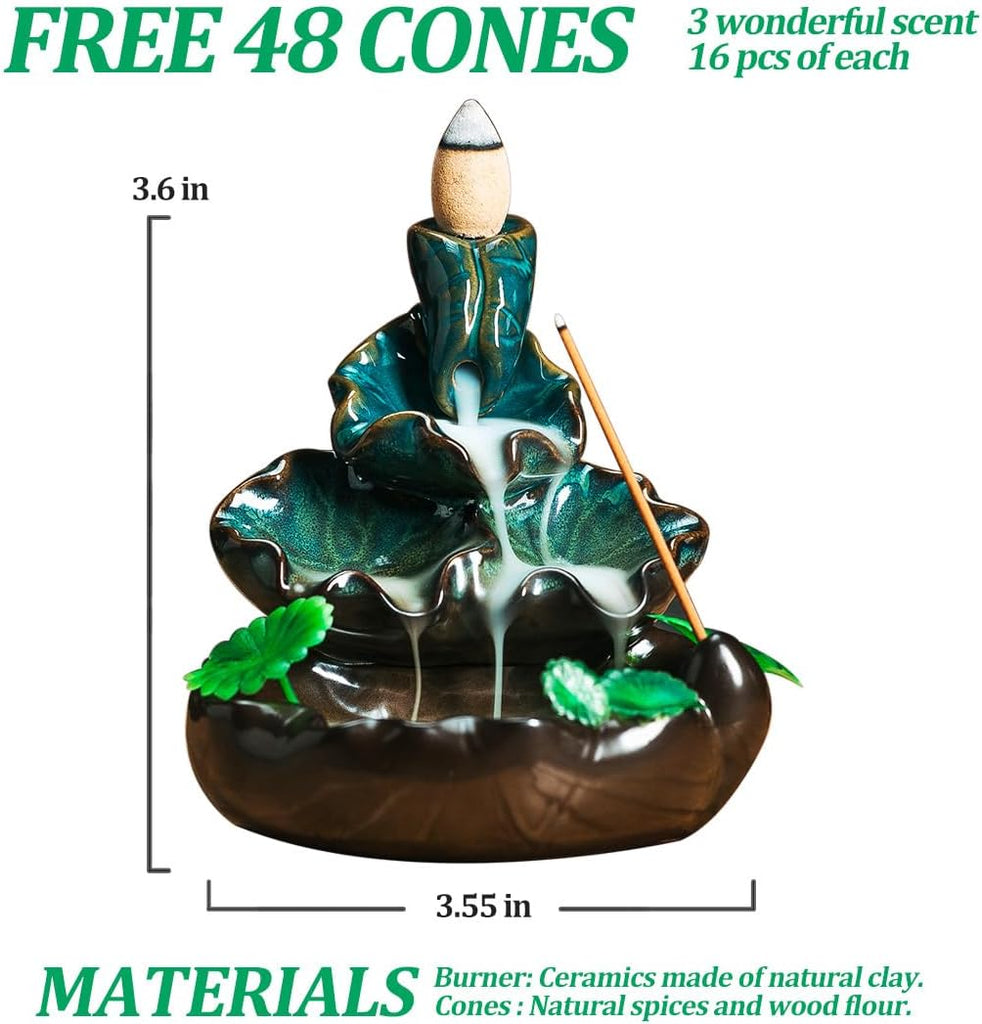 Cute Ceramic Backflow Incense Holder Waterfall Incense Burner with 48 Incense Cones and 30 Incense Stick, Incense - Set of 78