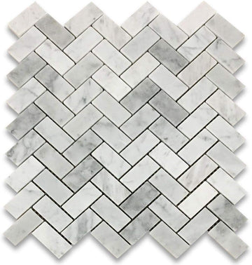 Carrara Marble 1x2 Herringbone Mosaic Tile Polished Backsplash Bathroom Floor and Wall Shower ((Box of 4 Sheets))