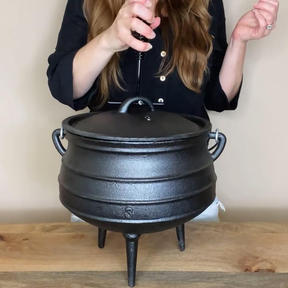 Pre-Seasoned Cast Iron Cauldron - 6 Quart African Potjie Pot with Lid - 3-Legged Dutch Oven for Camping and