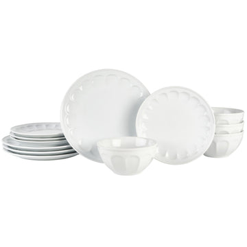 And Floyd Everyday Vintage Scalloped Porcelain 12 Piece Dinnerware Plate Bowl Set, Service for 4