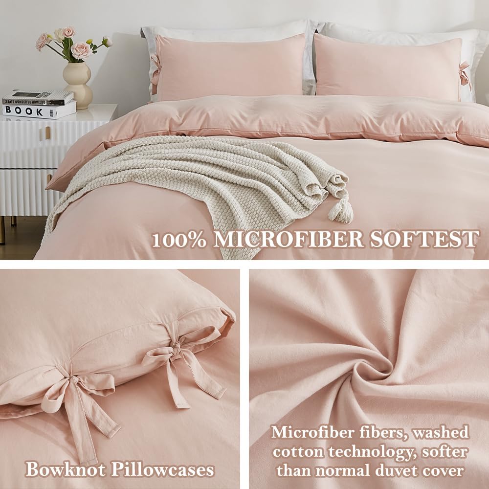 Pink Duvet Cover Queen (90x90 Inch), 3 Pieces (1 Duvet Cover, 2 Pillowcases) Soft Washed Microfiber Bowknot Bow Tie