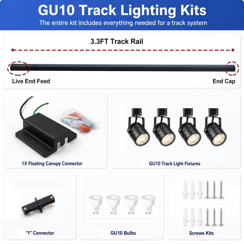 3.3FT LED Track Lighting Kit with 3-Color GU10 Bulbs Dimmable 4 Light Black