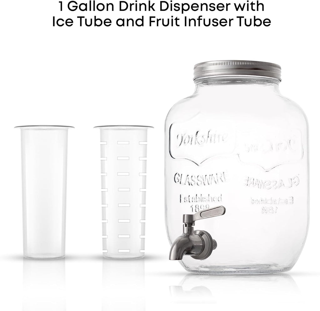 1-Gallon Drink Dispenser. Glass Beverage Dispenser with Stainless steel Spigot plus Ice Cylinder and Fruit Infuser!