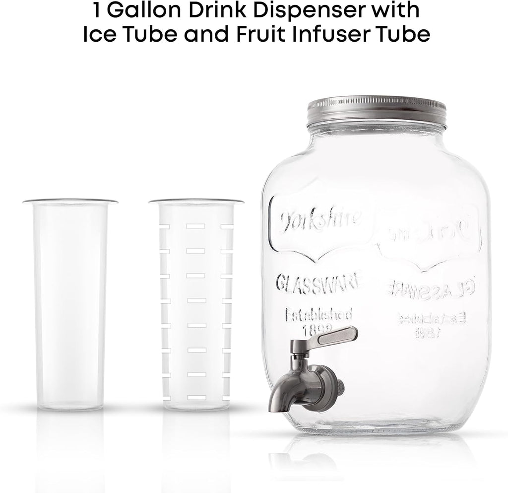 1-Gallon Drink Dispenser. with Stainless steel Spigot plus Ice Cylinder and Fruit Infuser! Water Dispenser, Lemonade - Set of 3