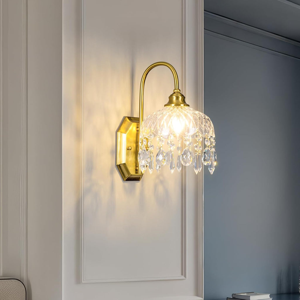 2-Pack Vintage Wall Sconce,Glass Crystal Wall Sconce,Matte Brushed Antique Brass Finish Set of Two for Bedroom