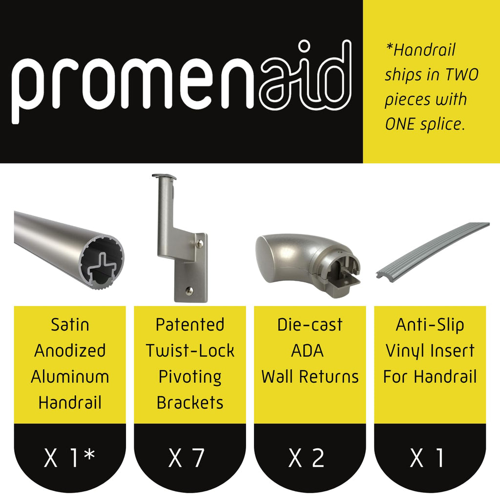 ADA Handrail Kit, 16 ft Stair Handrail, Silver