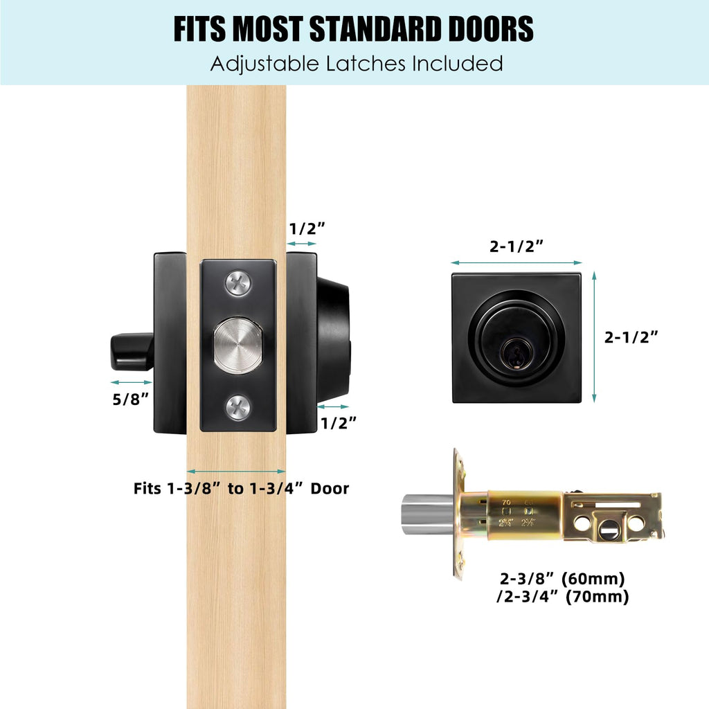 Square Single Cylinder Modern Deadbolt Lock with Keys, Matte Black Deadbolt for Front Door Entrance, Front Door