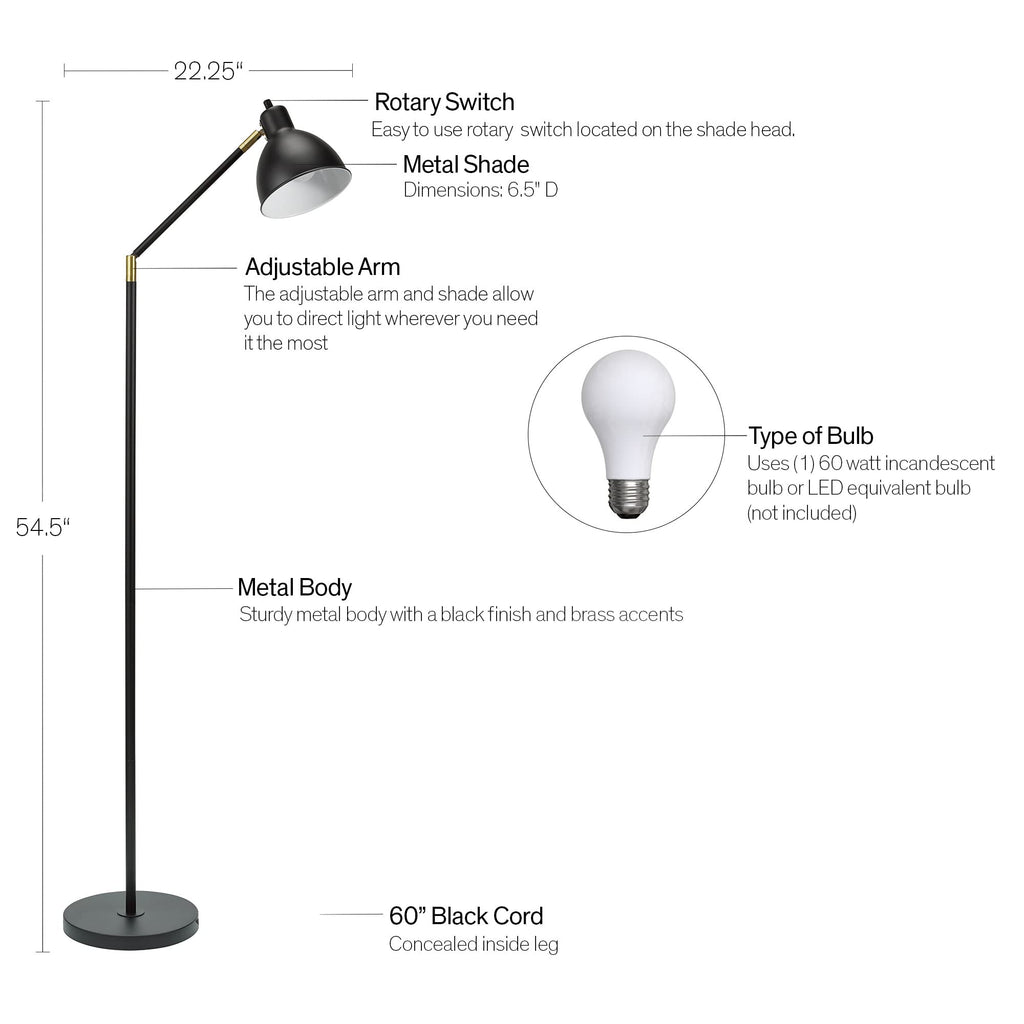 Modern Adjustable Floor Lamp, Standing Lamp, Living Room Light, LED Bulb NOT Included, 54.5", Black
