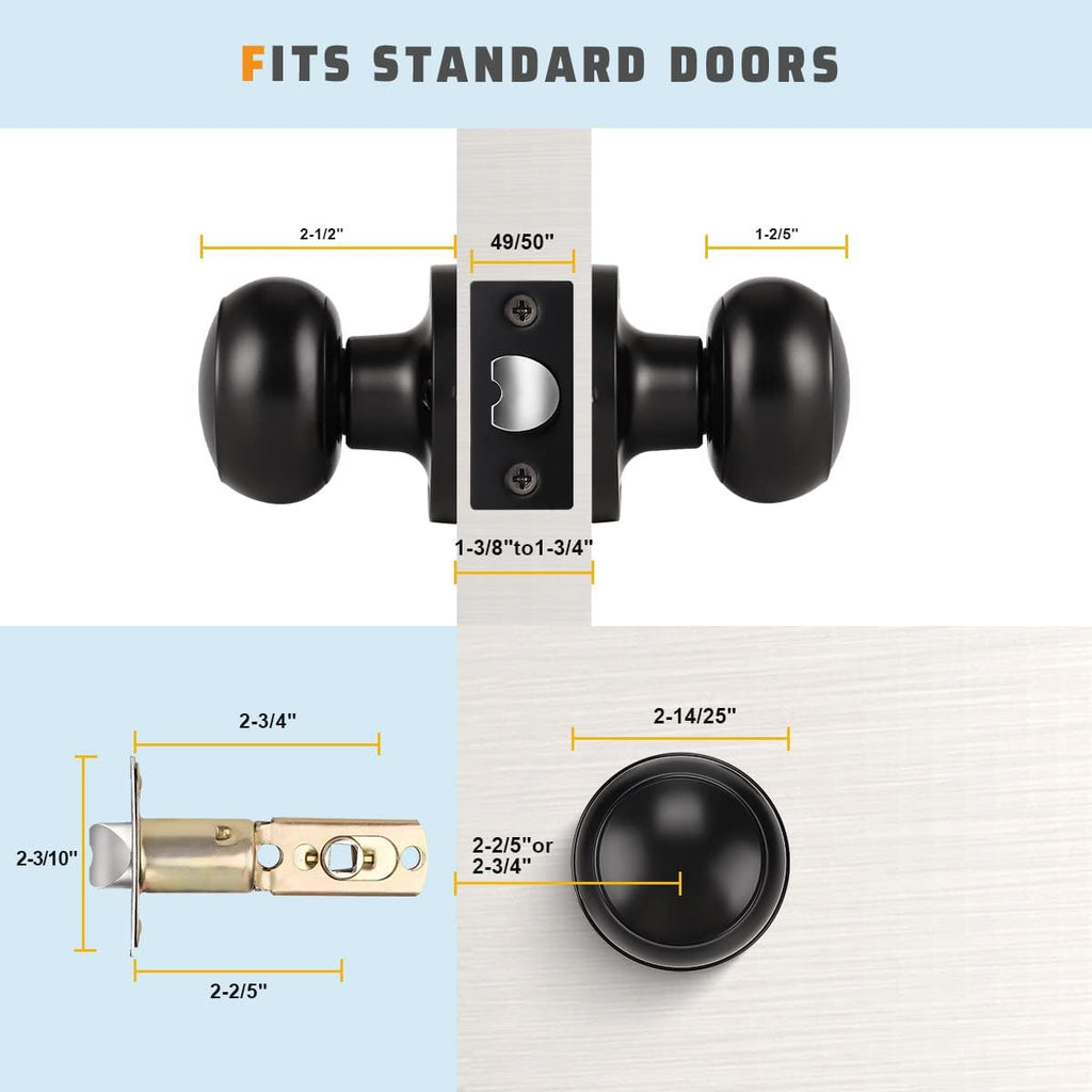 6 Pack Matte Black Door Knob - Round Interior Door Handles , Non-Locking Passage Door Knobs with Durable Lockset