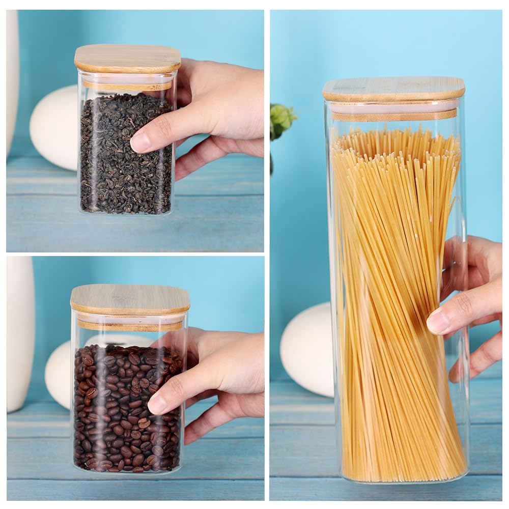 Glass Storage Canister with Wooden Lid, Set of 7 Square Glass Jars with Bamboo Lids, Glass Food Storage Containers