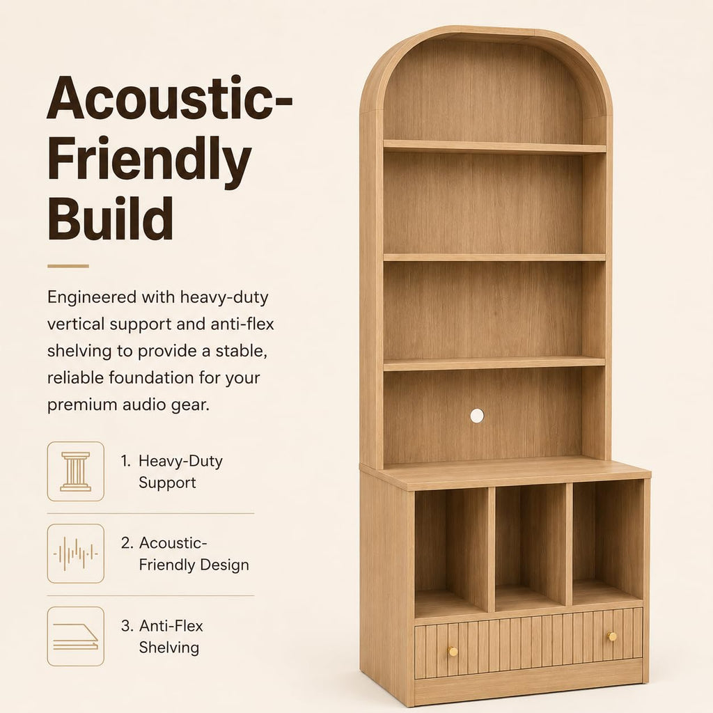 MCM Record Player Bookshelf, Tall Record Player Cabinet with Vinyl Storage and Drawer, Walnut Turntable Stand with