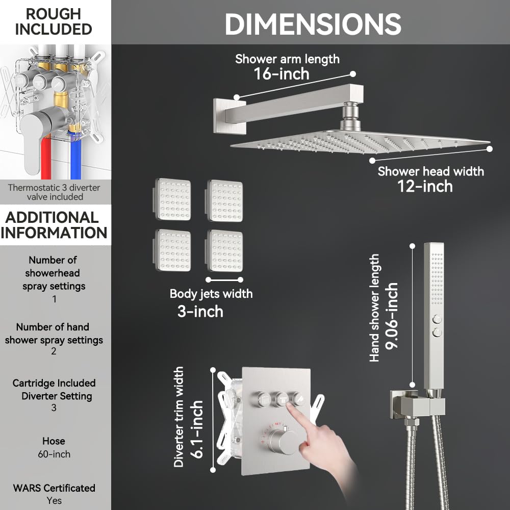 Thermostatic Shower System with Body Jets, 12" Rain Showerhead with 2 Modes Handheld Spray, Can Use All at Once