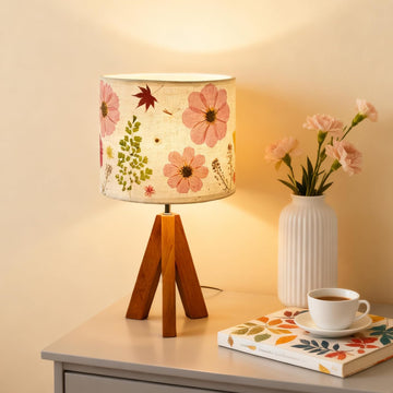 Dried Flowers Tripod Table Lamp 14.96in, 9W LED Color Cute Bedside Lamp with Flowers Linen Lampshade, Kid Room