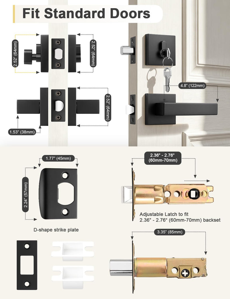 2 Pack Black Passage Door Lever with Single Cylinder Deadbolt, Exterior Square Door Handle with Deadbolt, Modern Door
