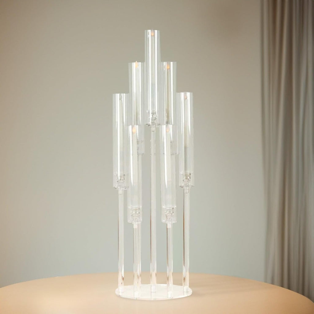 Clear 33 in Round 7 Arm Acrylic Cluster Taper Candle Holder Candelabra - Wedding Reception Party Dining Table Home