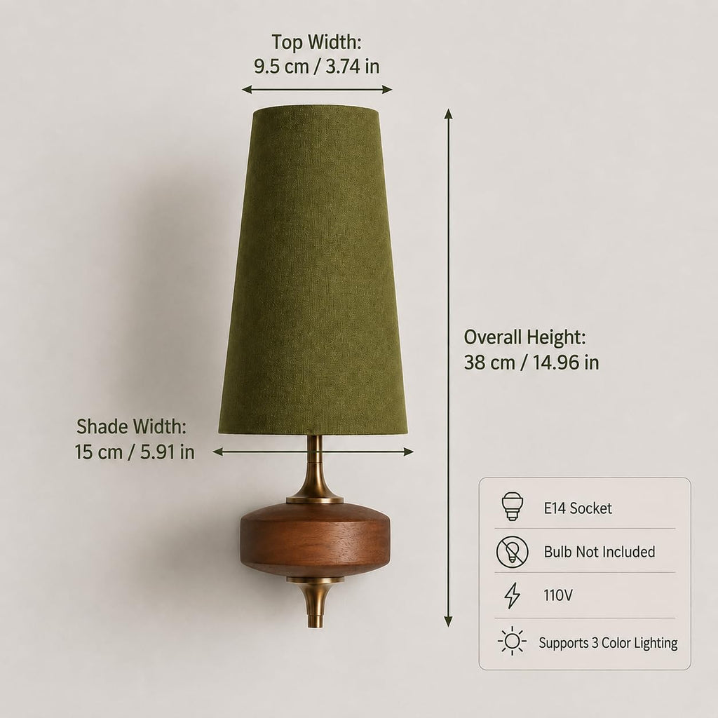 Vintage Mid-Century Wall Sconce, Solid Wooden & Fabric Wall Lamp, E14 LED Wall Light (38×15cm)(Green)