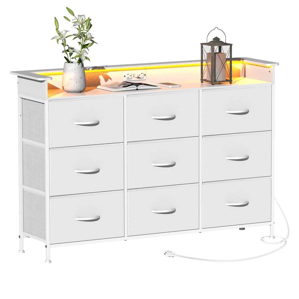 White with LED Light 9 Drawer Dressers with Charging Station Chests of Drawers Closet Living Room Hallway Sturdy