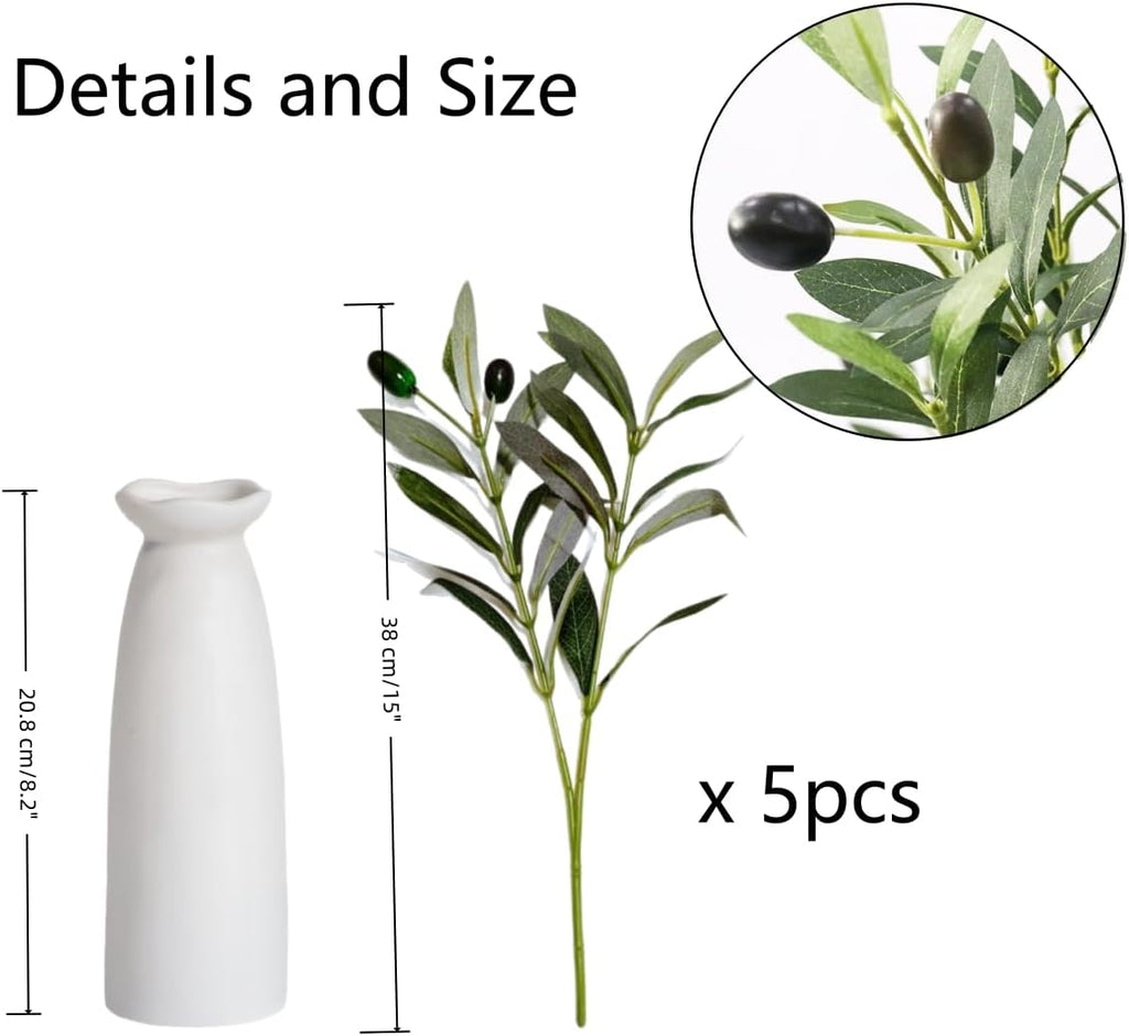 Artificial Plant Olive Branch in Vase, Faux Greenery Stems with Ceramic Vase, 16.9" Tall Olive Branches Fake - Set of 5