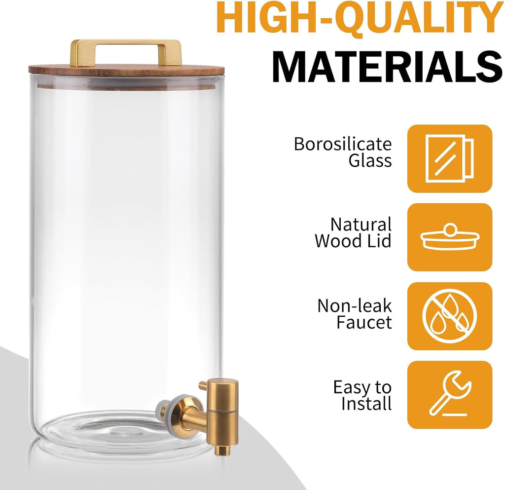 1.5 Gallon Glass Drink Dispenser, Beverage Dispenser With Wood Stand, Lid and Stainless Steel Spigot, Large - Set of 2