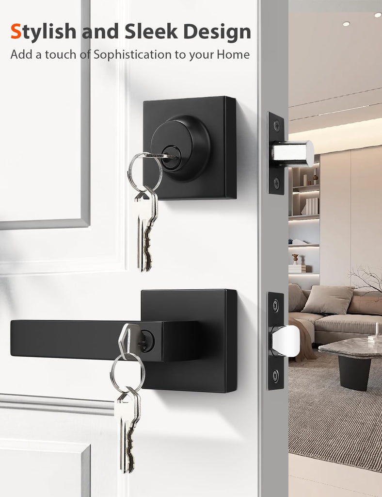 Square Keyed Alike Front/Exterior Door Levers with Single Cylinder Deadbolt, Flat Black Entry Door Knob Lock Sets