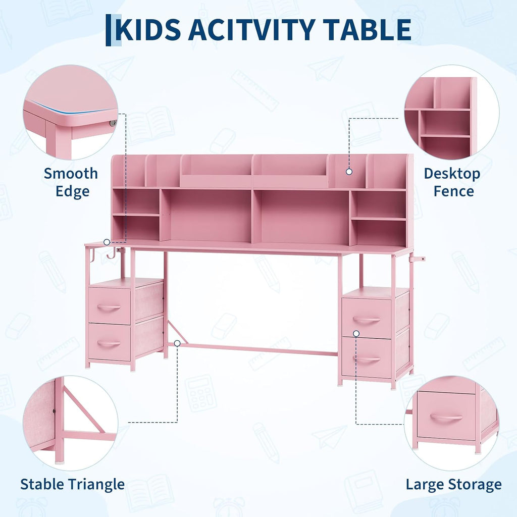 69" Double Kids Desk and Chair Set with Hutch & 4 Storage Drawers