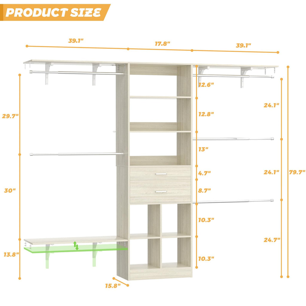 Closet System - 8FT Closet Organizer System with Wooden Drawers, 96" Closet Systems & Walk-In Closets with Cuttable