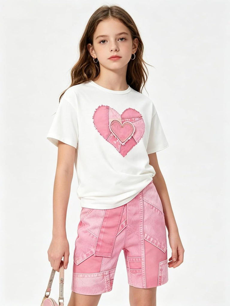 Girls 2 Piece Summer Heart Print Short Set Teen Girl Outfits Girls Clothing Set