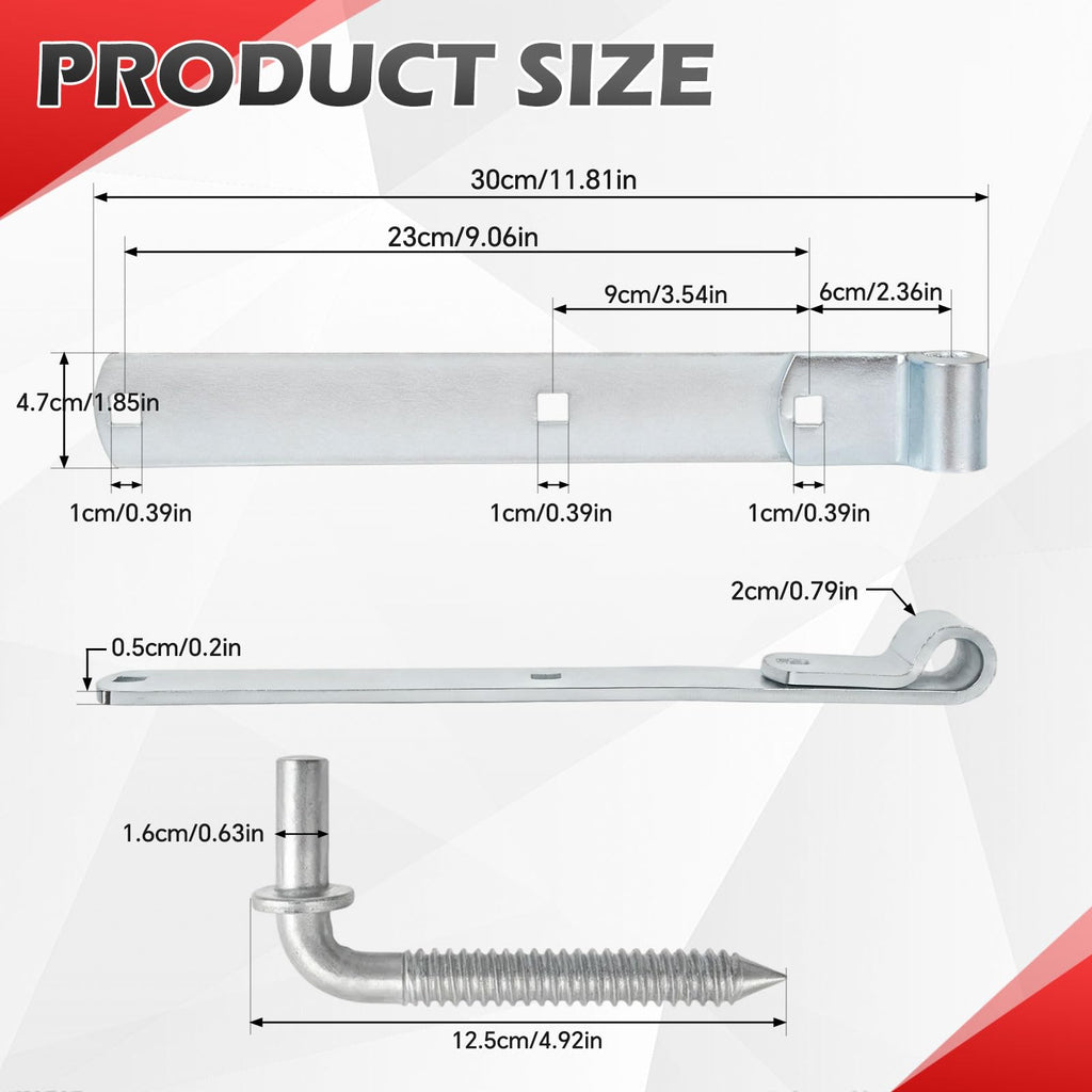 2 Sets 12'' Zinc Strap Hinge for Gates, Heavy Duty Gate Strap Hinge Zinc Plated with L-Screw (M16 × 101mm) for Barns