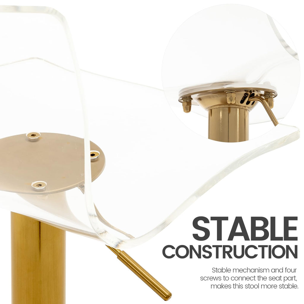 Acrylic Bar Stools with Mid Back Set of 2 Adjustable Swivel Clear Gold Base