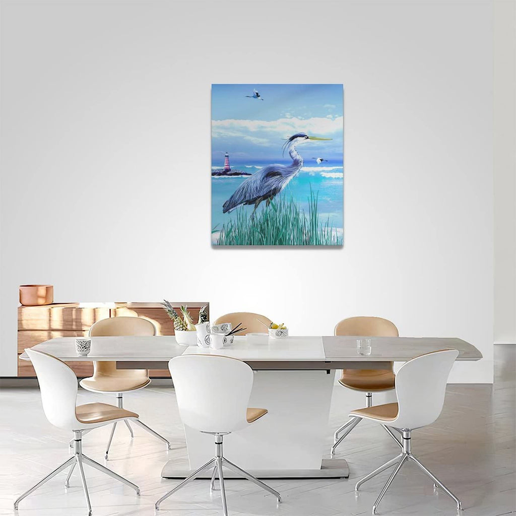 Coastal Bathroom Wall Art Sea Bird Wall Decor Blue Heron Pictures Ocean Beach Lighthouse Canvas Painting Print
