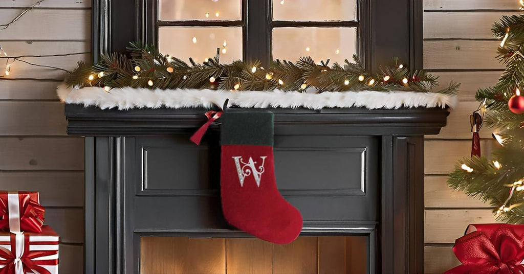 Christmas Stocking Red & Green Velvet w/Tassel, Rhinestone Monogram W