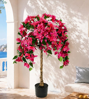3.7FT Artificial Bougainvillea Tree, Hot Pink Faux Bougainvillea Trees with Pot & Realistic Wood Trunk, Potted