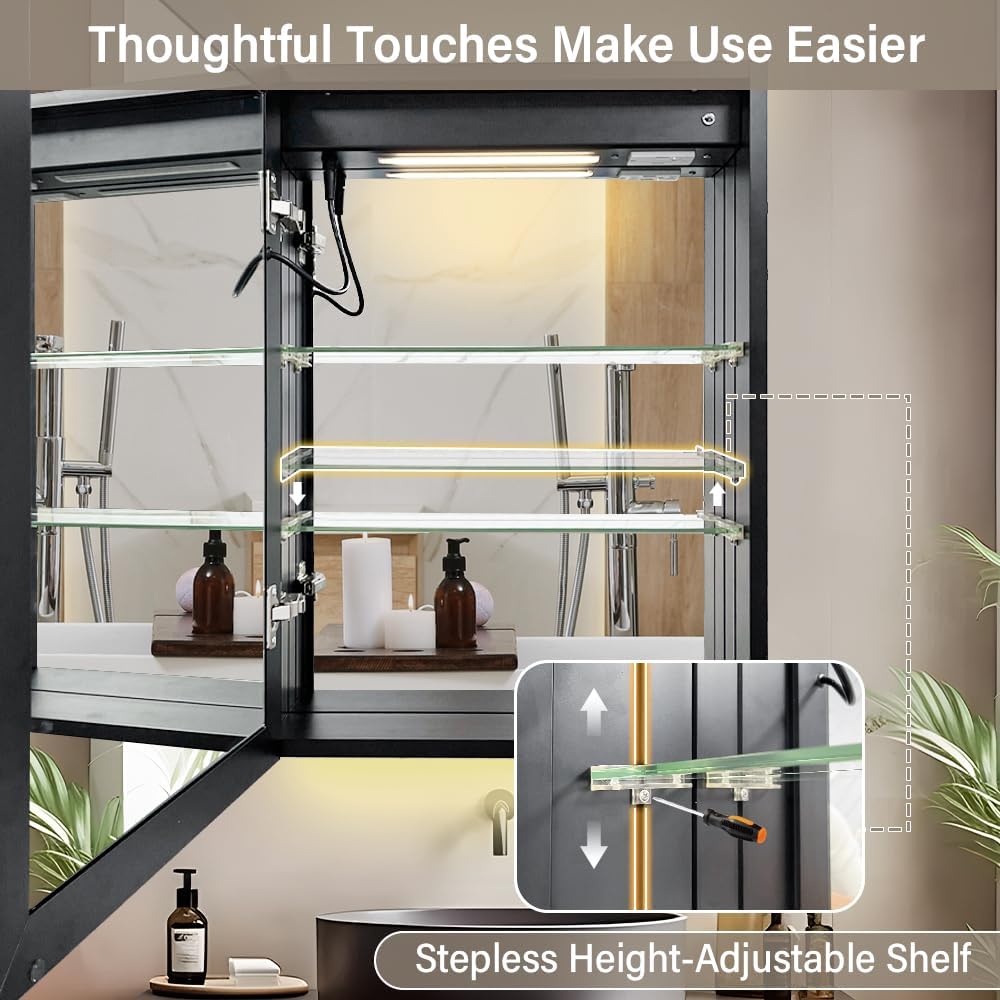 Aluminum Medicine Cabinet with Light,Stepless Glass Shelf,3 Colors Temperature,Dimmer,Backlit Lighting,Internal
