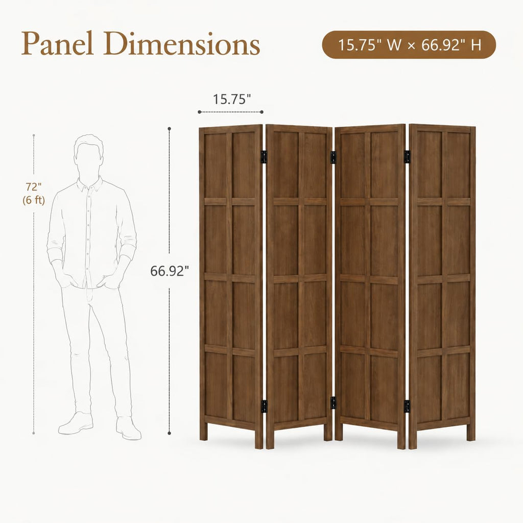 4 Panel Solid Wood Room Divider Folding Privacy Screen Brown