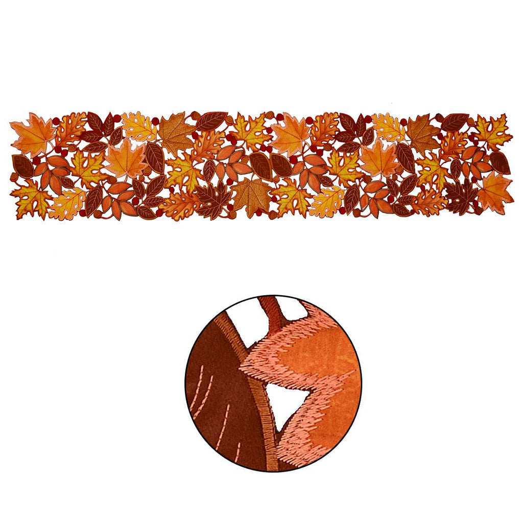 Embroidered Fall Leaves Table Runner for Thanksgiving, Autumn Harvest Decorations (14 × 34 inches)
