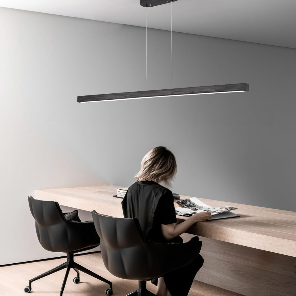 Black Wood Linear Pendant Light - Dimmable LED Chandelier with Remote, Modern Minimalist Lighting Islands, Dining
