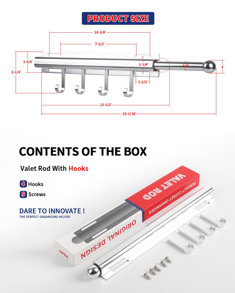Valet Rod for Closets Pull Out 12" Silver with 4 Hooks