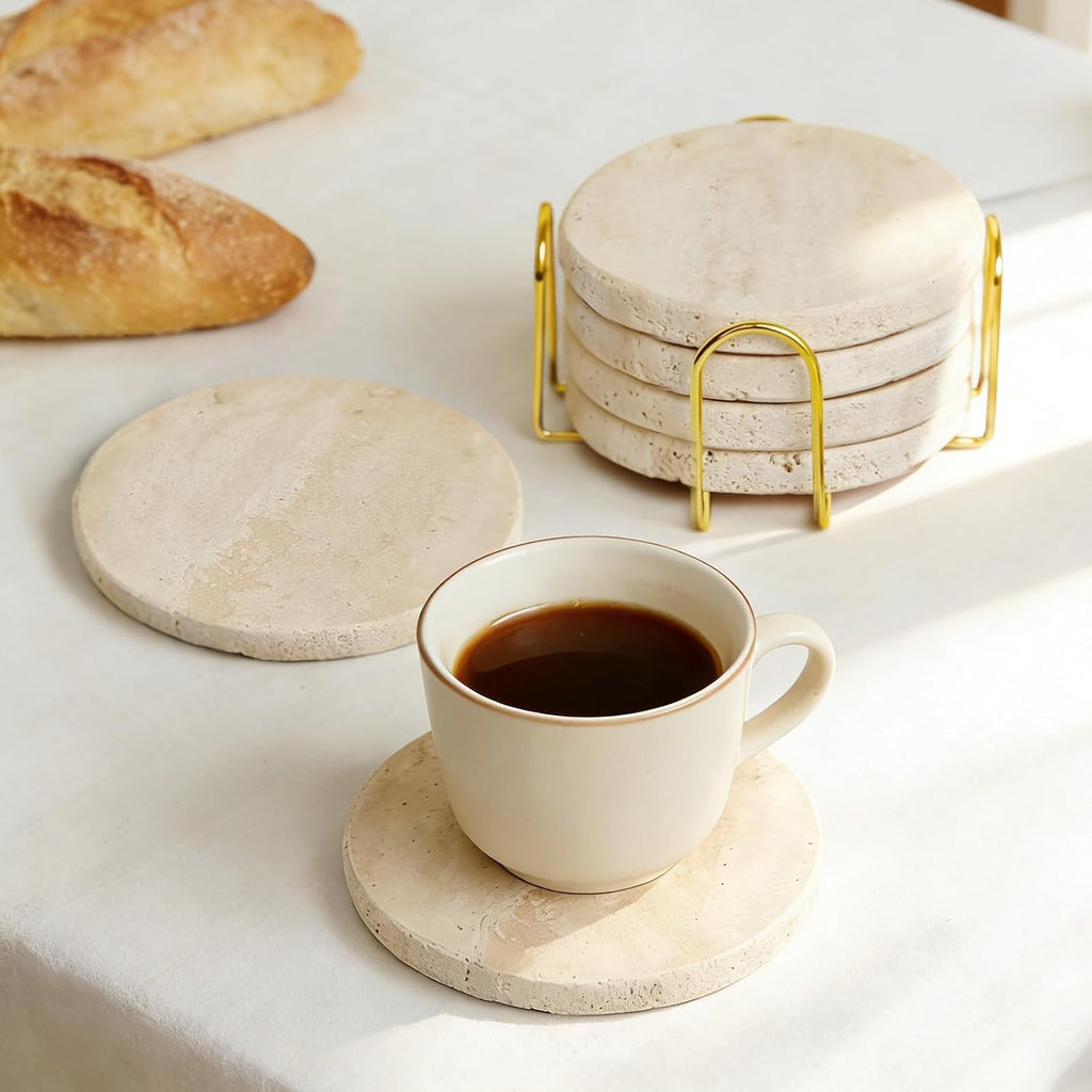 Natural Travertine Marble Coasters-4" Round - Set of 6