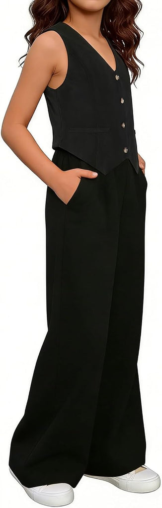 Girls Two Piece Outfits, Kids Vest And Wide Leg Pants Set, Back to School Outfits for Girls