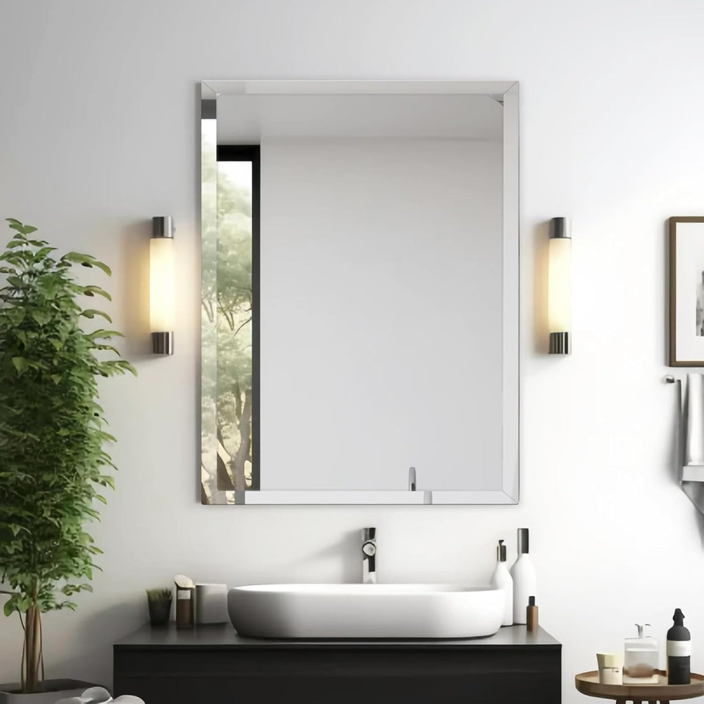 16x24 Inch Rectangle Frameless Mirror, Beveled Bathroom Mirror